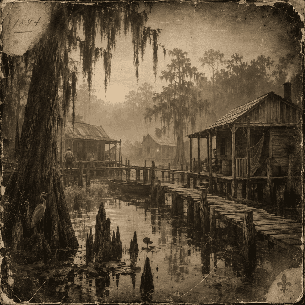 Old village with wooden houses and dock on a river in Moustique.