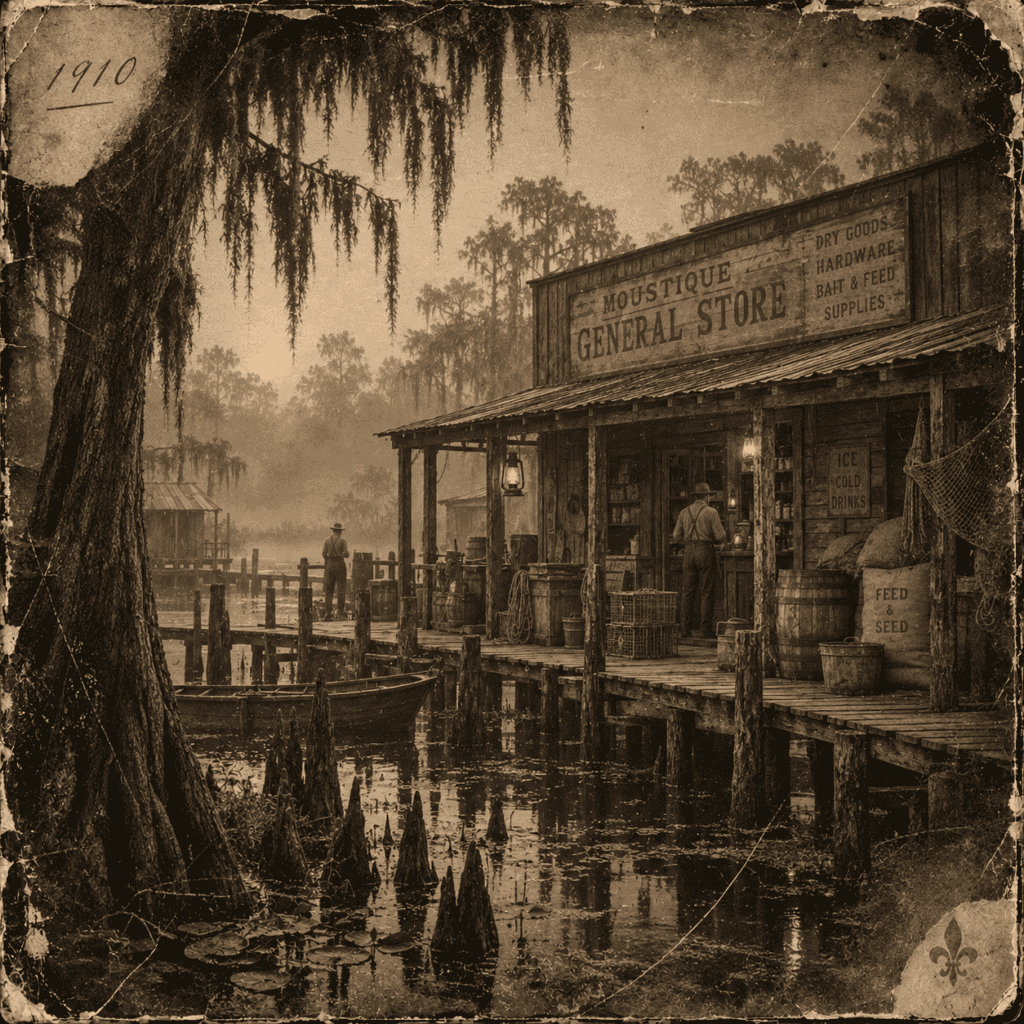 Vintage image of Moustique General Store by the water with trees and boats.