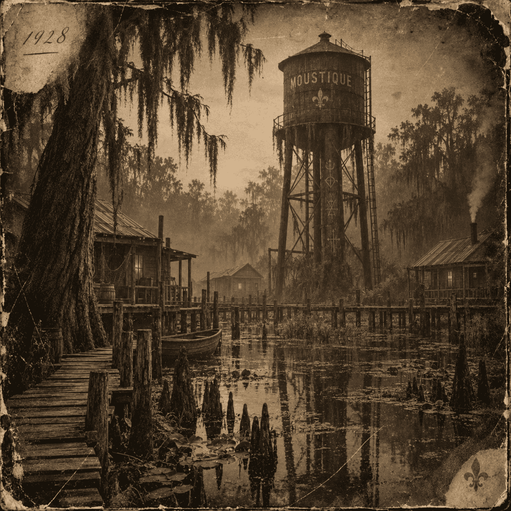Vintage photo of Moustique water tower and surrounding village.