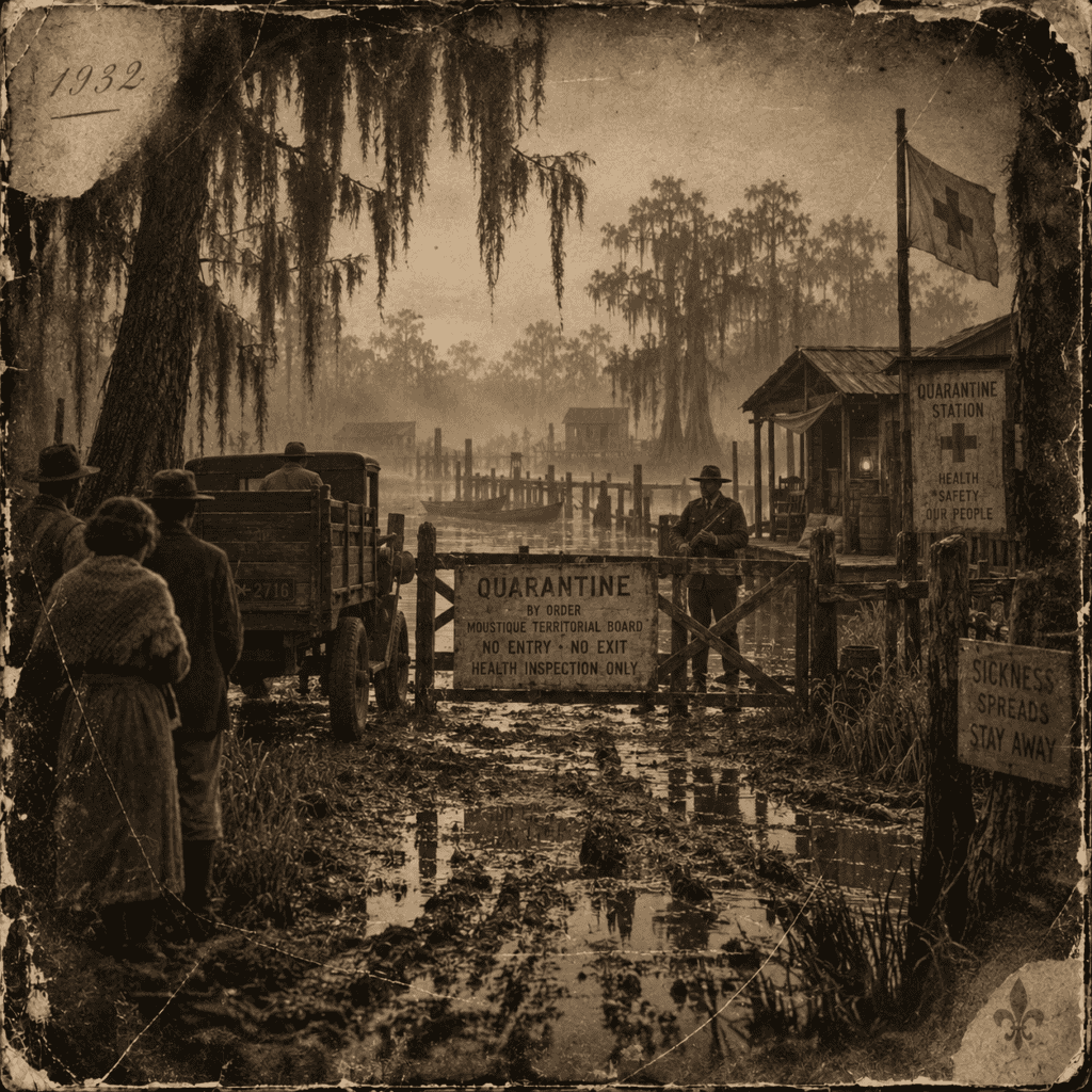 Vintage quarantine station scene with people and vehicles in 1932.