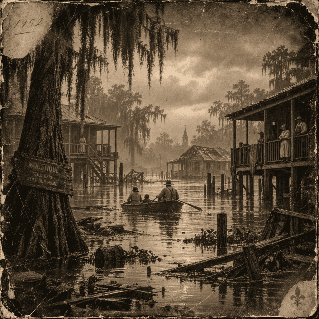 Historic village scene on Moustique island with boat and wooden houses.