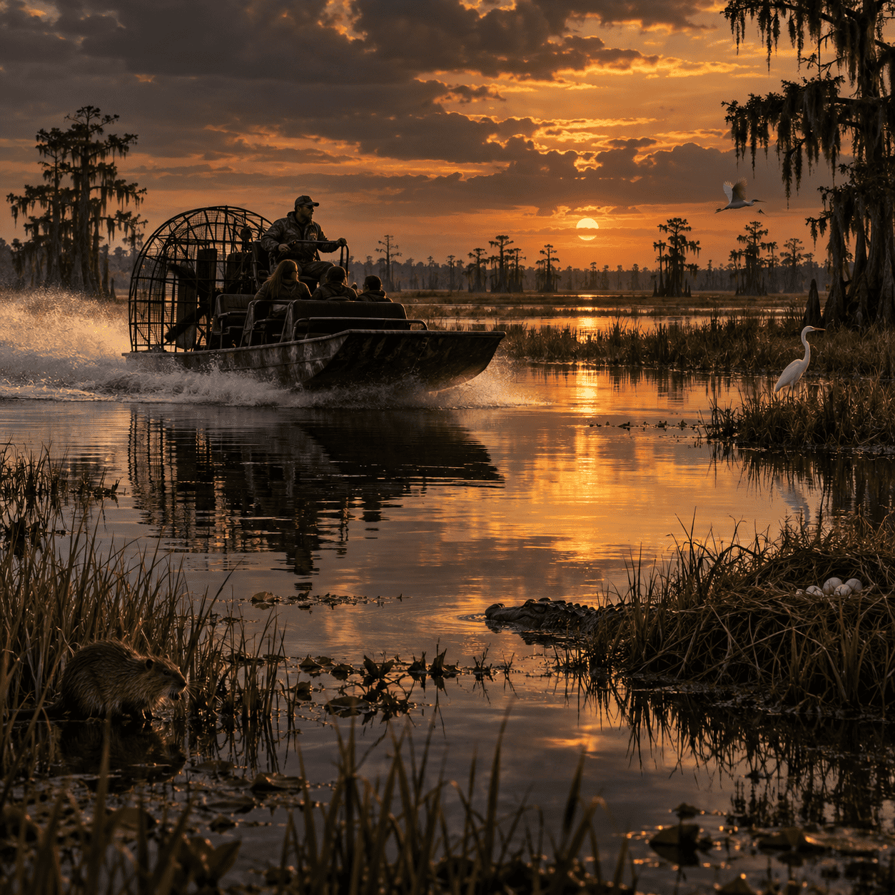 Airboat riding through wetlands at sunset in Moustique for nature exploration.