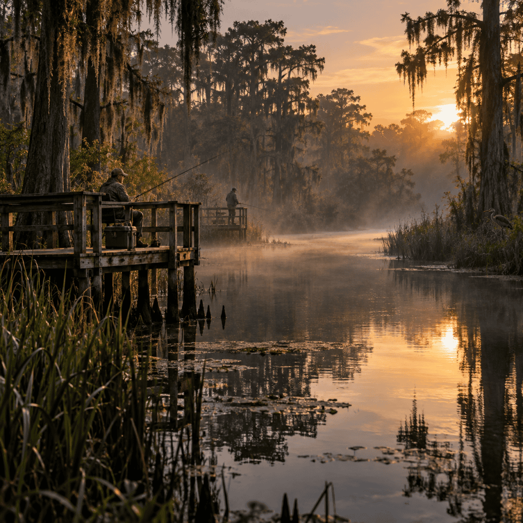 Fishermen on wooden docks at sunrise in Moustique with lush trees and misty water.