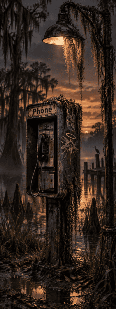 Old pay phone beneath a moss-covered streetlight in Moustique