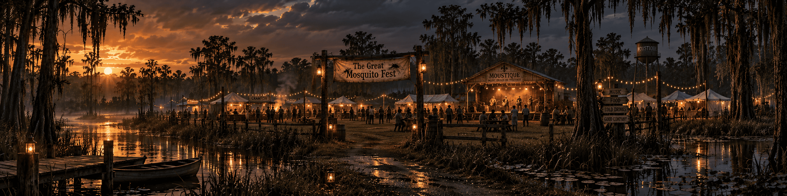 Lantern-lit gathering beside the Moustique bayou at dusk